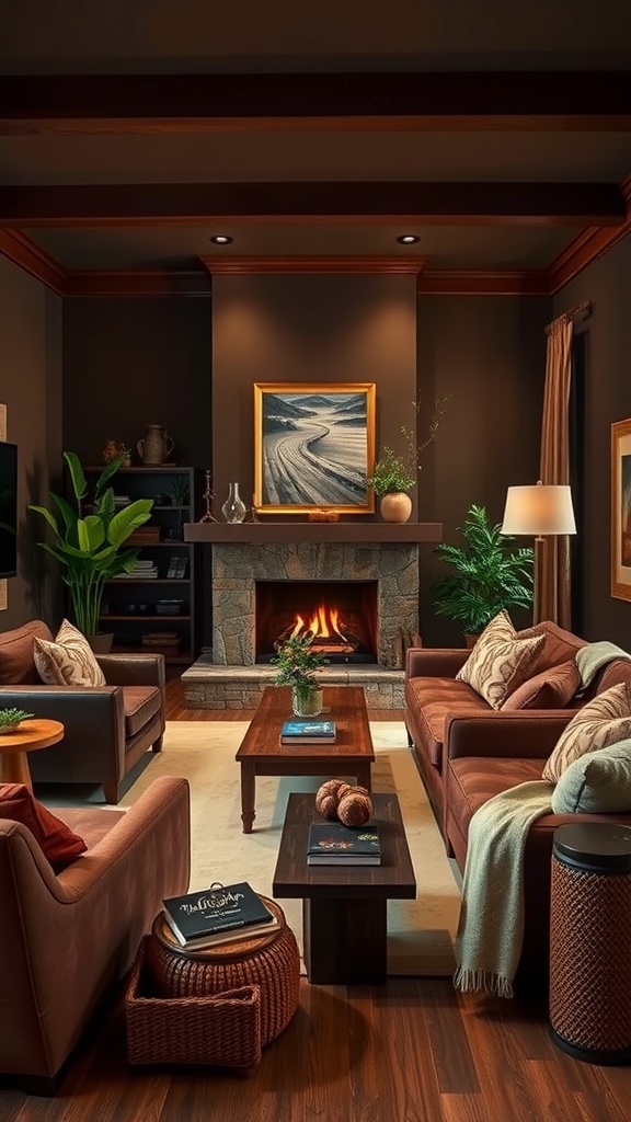 Living room with rich chocolate brown walls, cozy furniture, and warm lighting