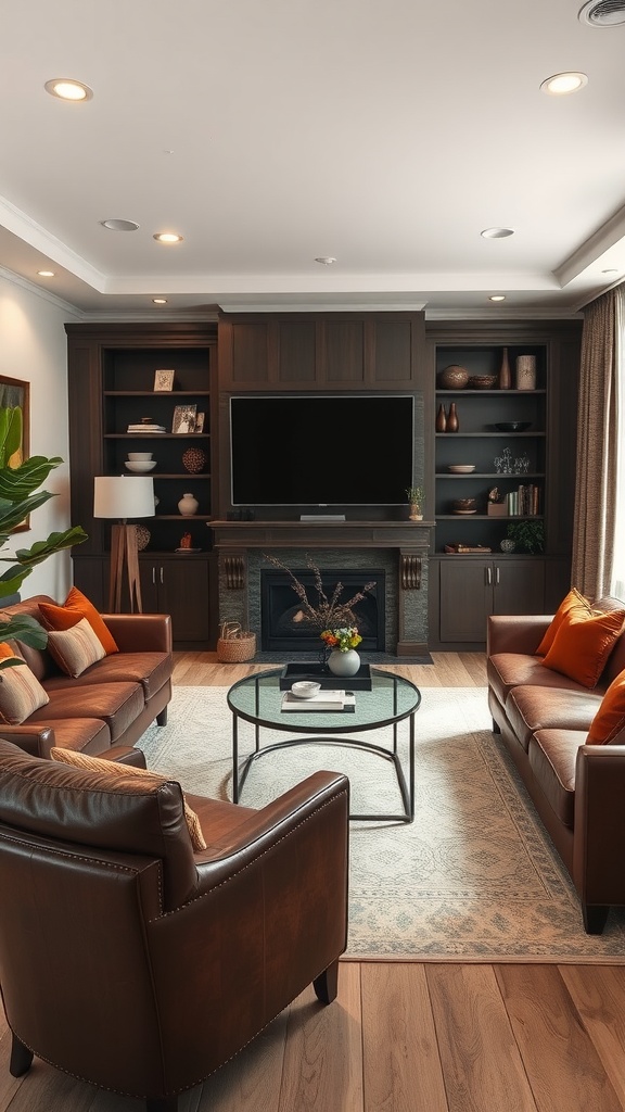 A cozy living room featuring chocolate brown leather sofas, orange cushions, a glass coffee table, and dark wood shelving.