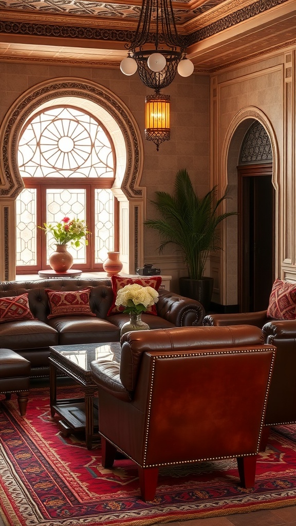 A beautifully decorated Moroccan living room with rich leather upholstery and elegant decor.