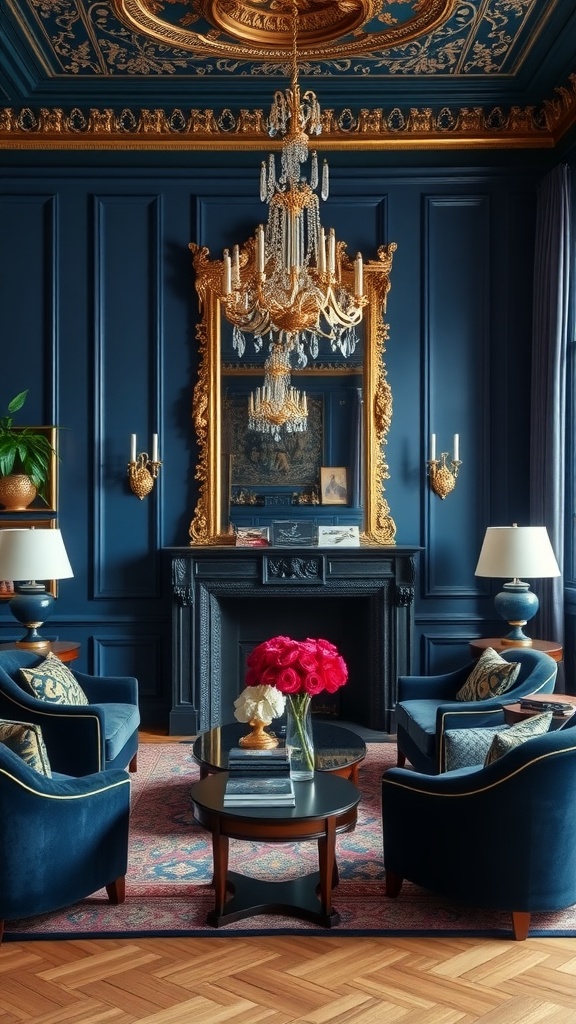 Luxurious living room with royal blue walls, velvet chairs, and an elegant chandelier.