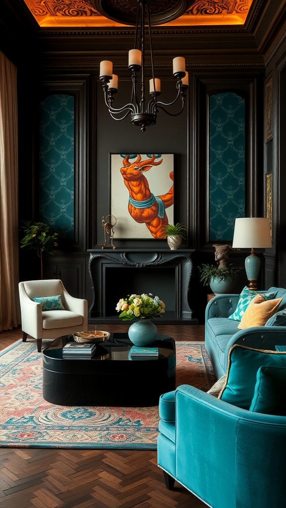 A vibrant living room featuring rich teal decor elements, with a teal sofa, cream armchair, patterned wallpaper, and unique artwork.