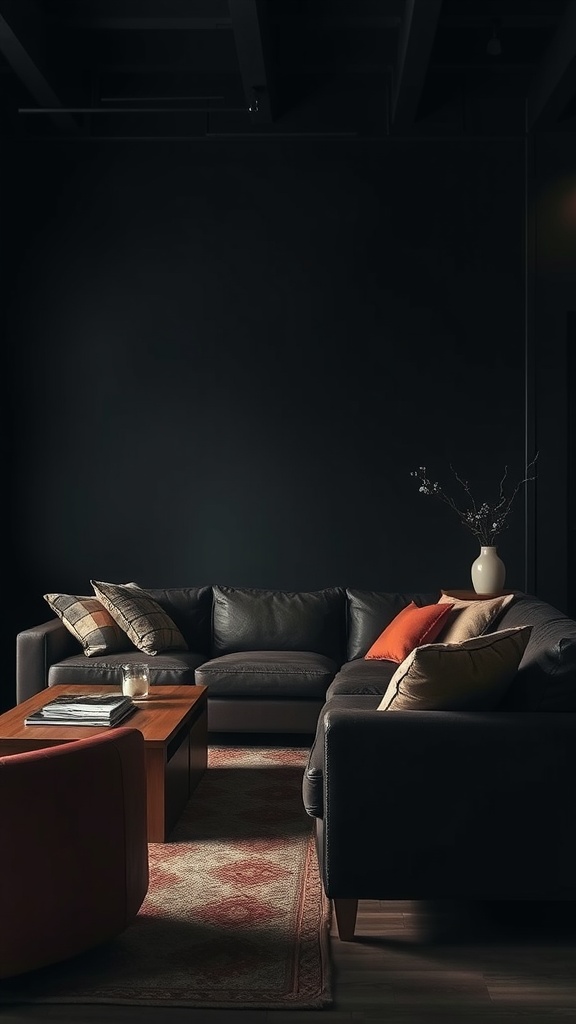 A cozy dark boho living room featuring a leather sofa, throw pillows, and a wooden coffee table.