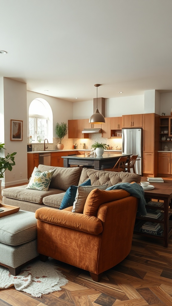 Cozy open kitchen living room featuring rich textures and fabrics with a brown sofa and orange accent chair.