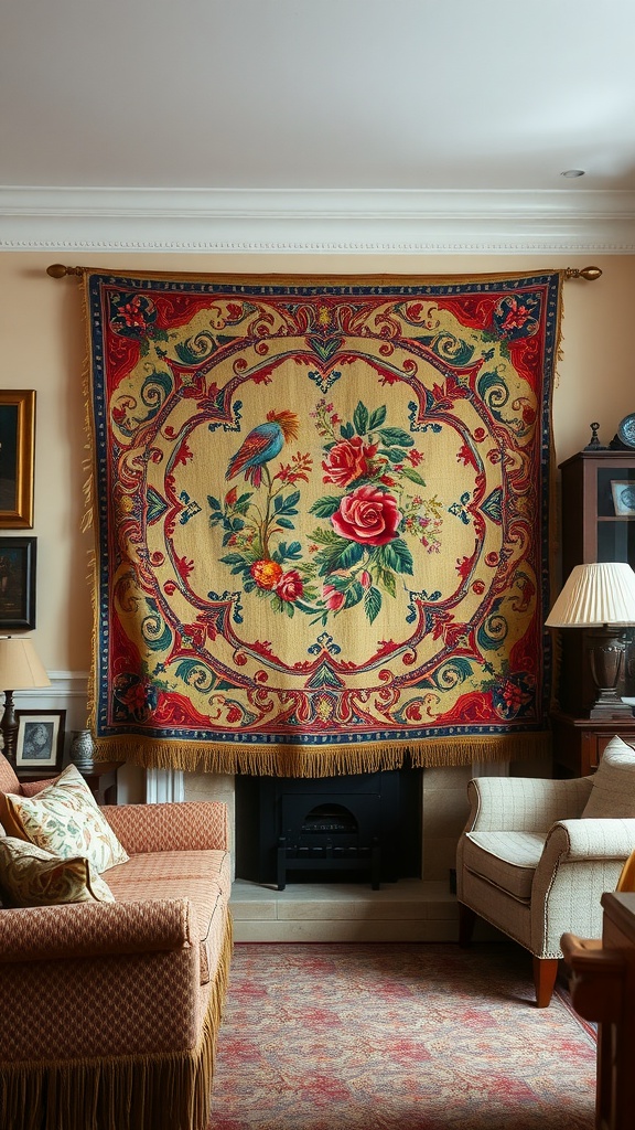 A richly textured tapestry featuring a bird and roses, hanging in an old English living room.