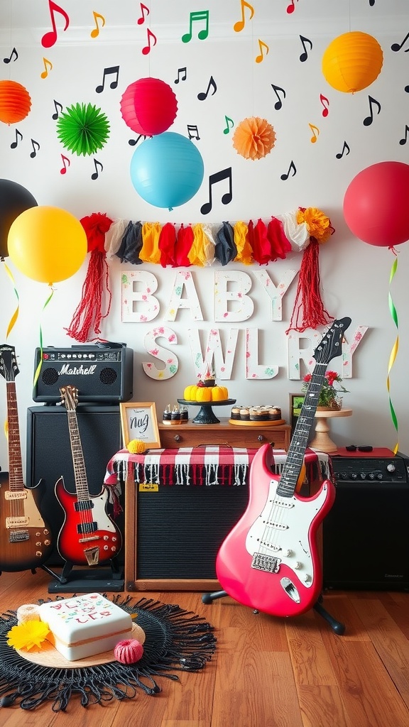 Decorated room for a Rock and Roll baby shower with guitars, balloons, and a cake