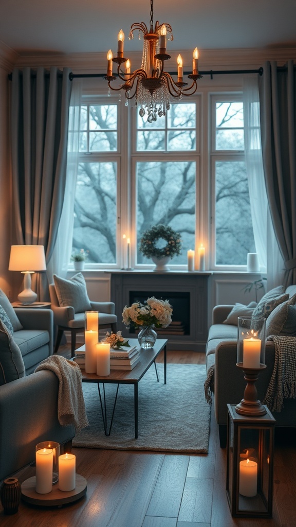 Cozy living room featuring blue and gray decor with candlelight ambiance