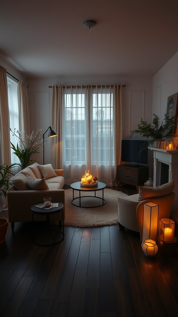 Cozy living room with dark wood floors, soft textiles, and warm lighting