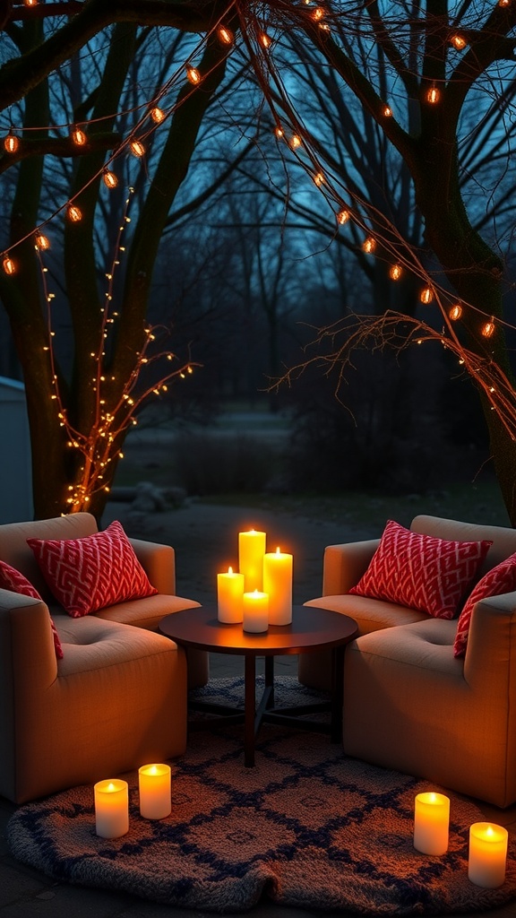 A cozy outdoor seating area with two chairs, a table, candles, and string lights creating a romantic atmosphere.