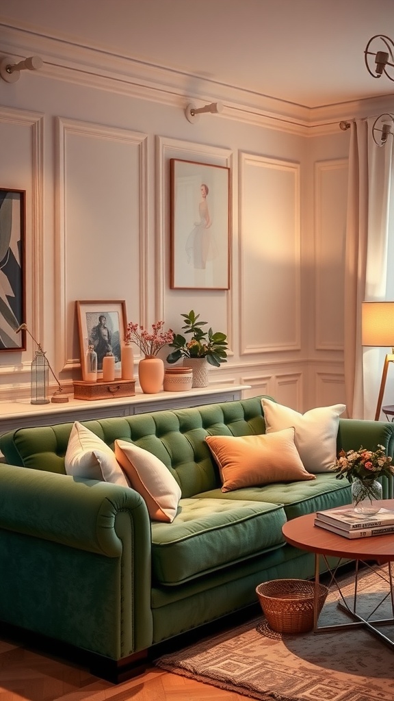 Cozy living room featuring a green sofa with pastel pillows and decorative elements.