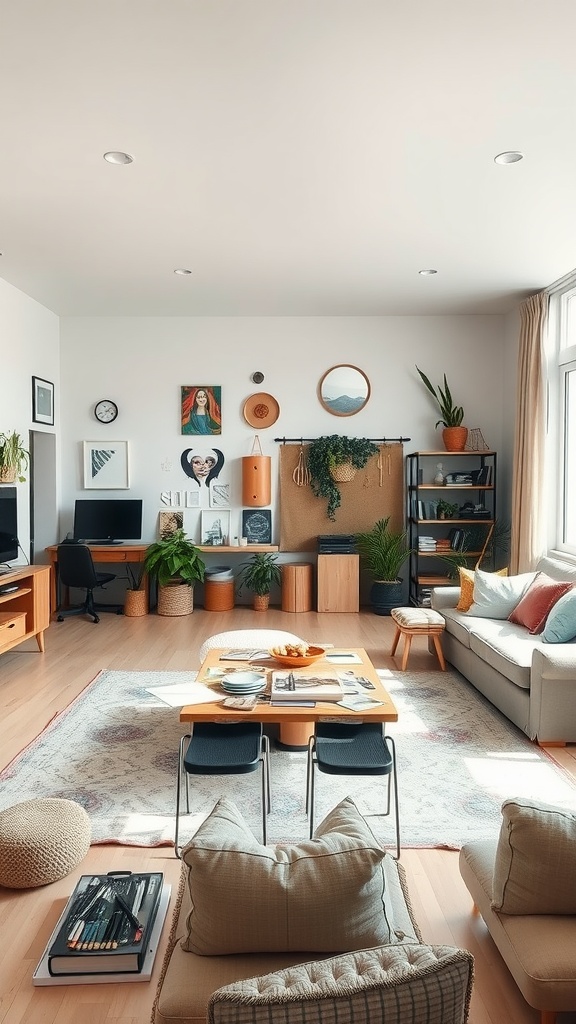 A bright and spacious living room designed for creative projects with plants, a table, and art on the walls.