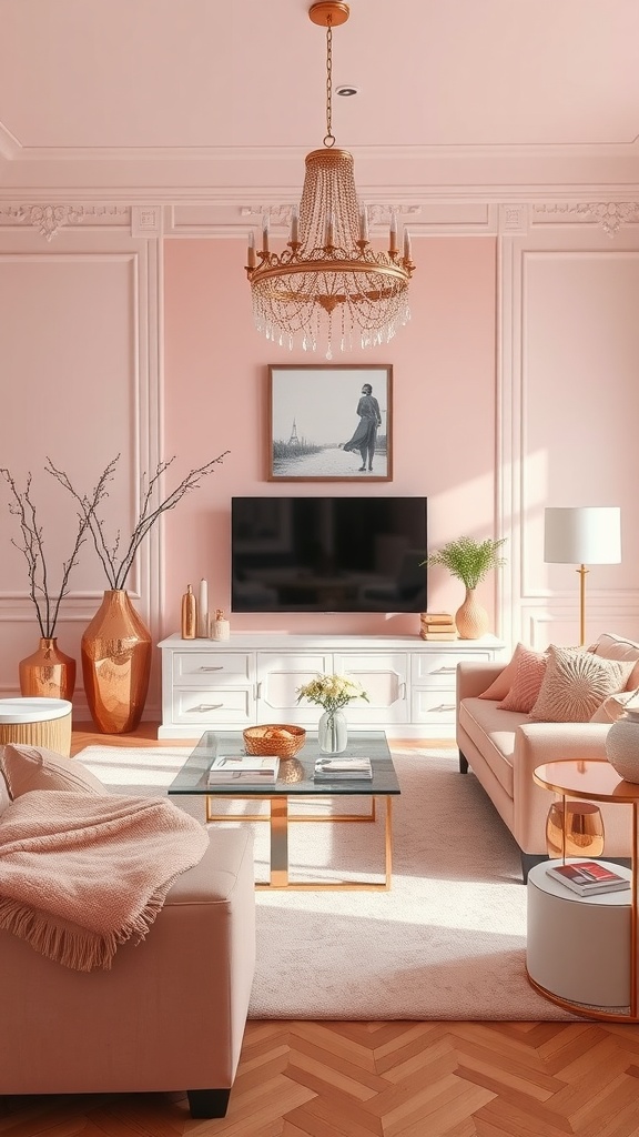 A pink living room with rose gold decorative accents, featuring a chandelier, vases, and furniture.