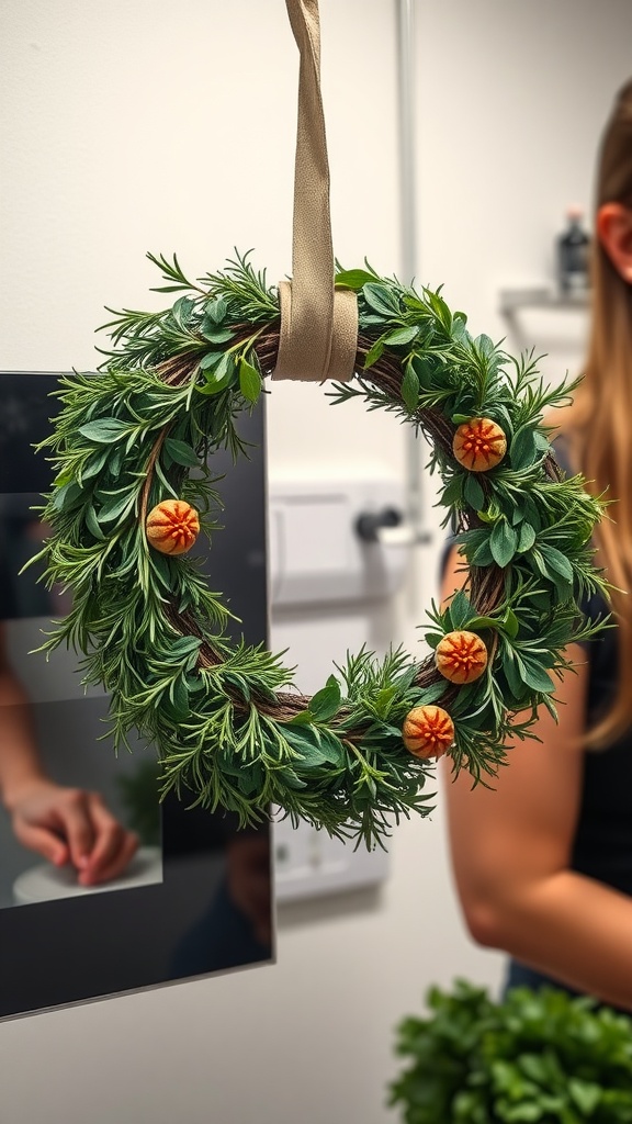 A rosemary and herb wreath with orange accent decorations hanging up.