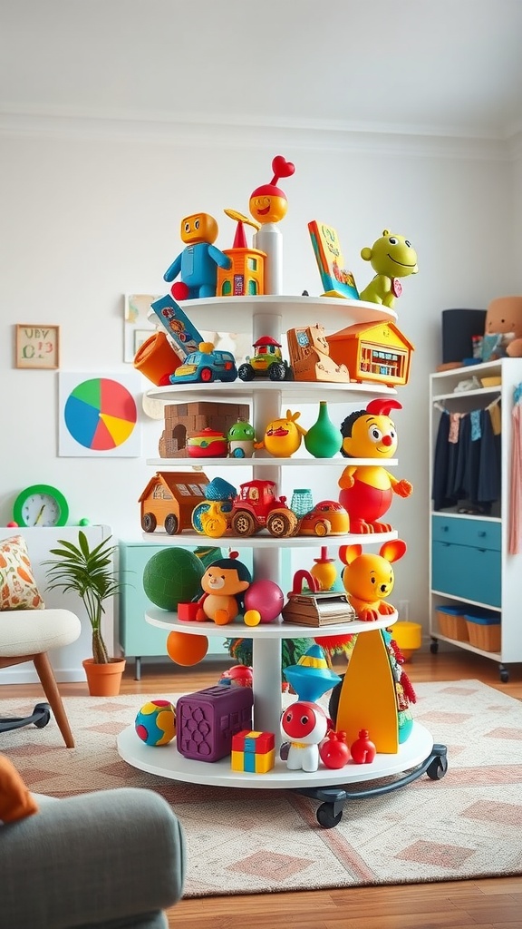 Colorful rotating toy rack filled with various toys in a living room setting