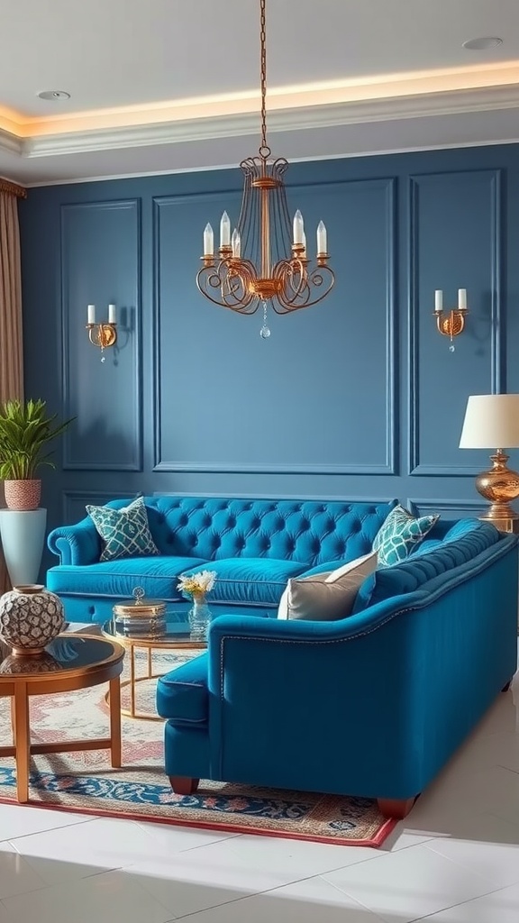 A living room featuring a royal blue tufted sofa with decorative cushions, a glass-top coffee table, and elegant lighting.