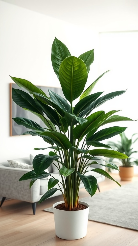 A vibrant Rubber Plant in a white pot, set in a modern living room with cozy furniture.