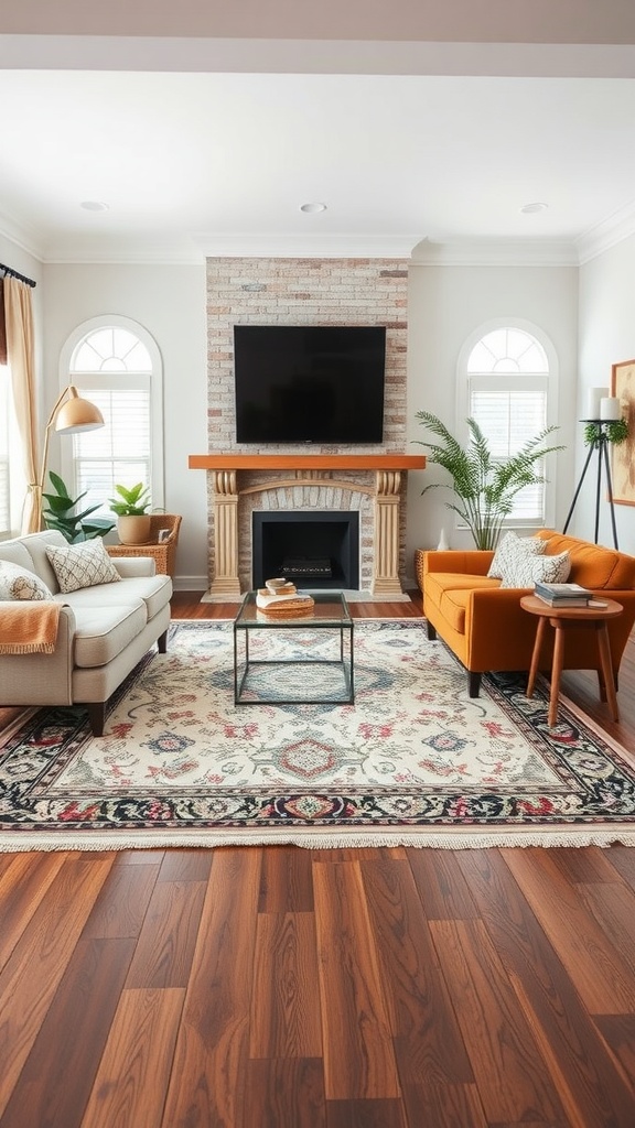 Living room with layered rugs, showcasing a patterned area rug on wood flooring, accompanied by stylish furniture.