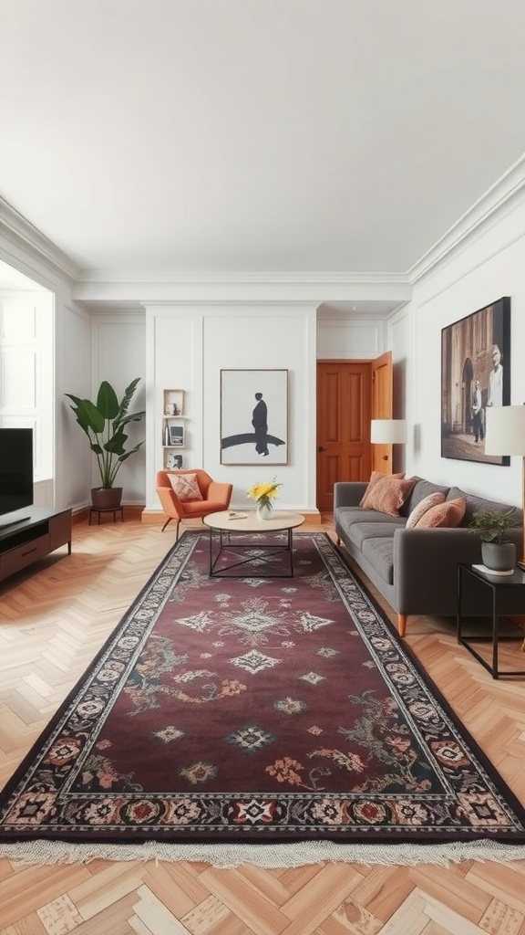 Stylish living room featuring a long patterned rug, modern furniture, and light wood flooring.