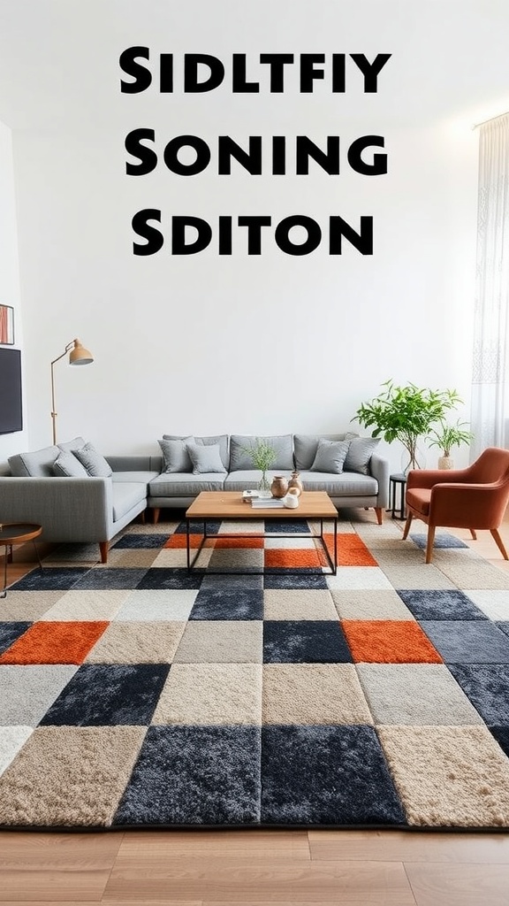 Living room featuring customizable rug tiles in various colors.