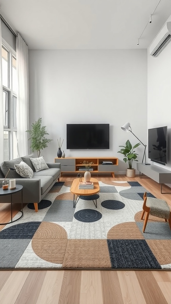 A modern living room showcasing a colorful rug made of tiles, featuring various geometric patterns in shades of blue, brown, and gray.