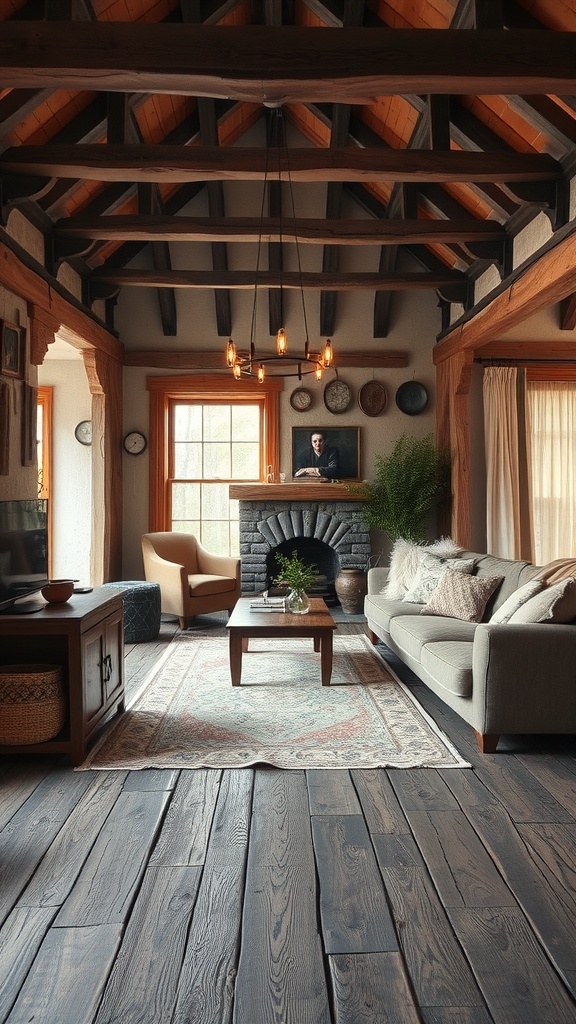 A rustic sunken living room featuring rugged wooden flooring, a cozy couch, and a warm fireplace.