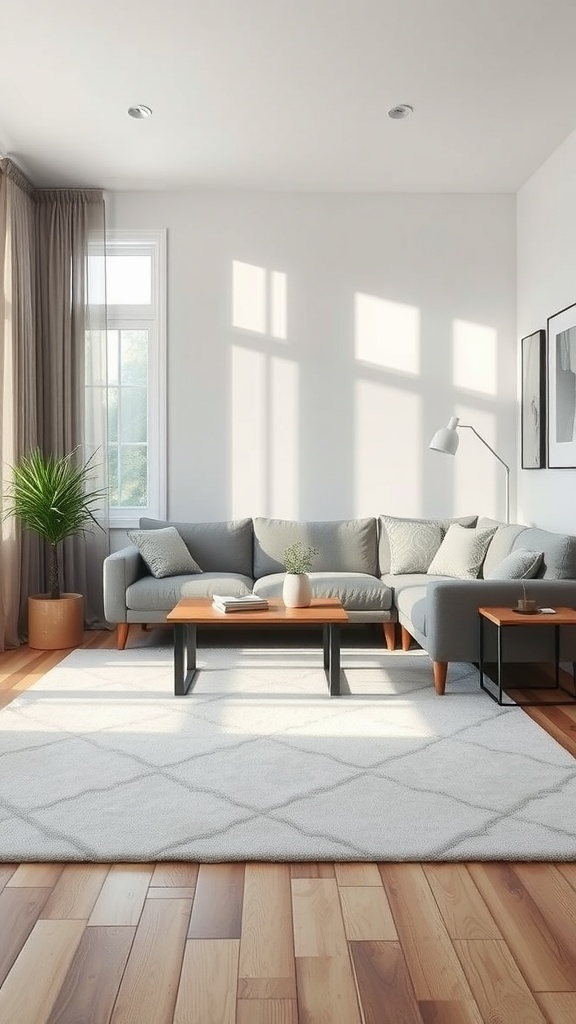 A serene living room with a light rug, a gray couch, and natural light.