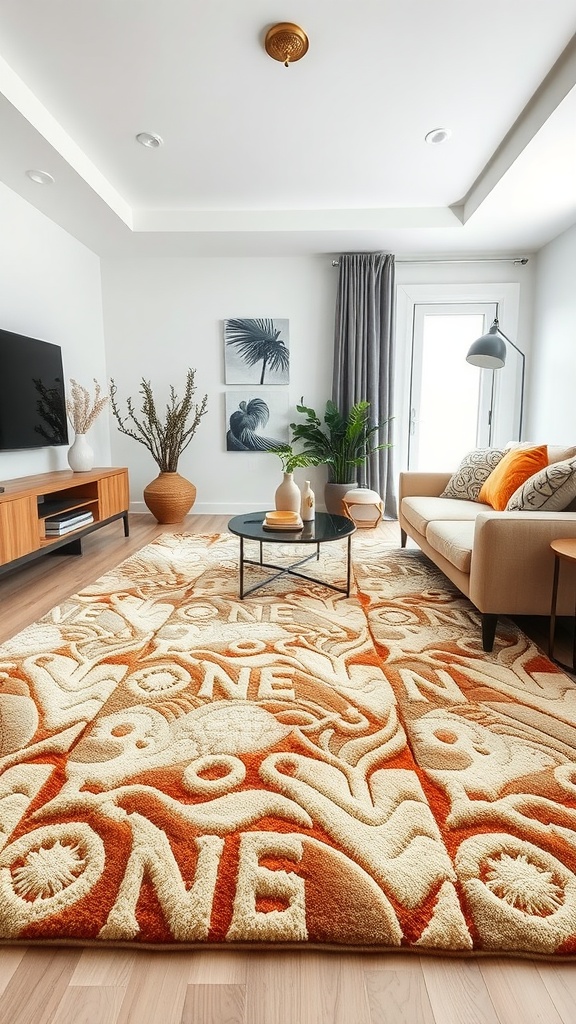 A living room featuring a textured rug with raised patterns in warm colors, complemented by stylish furniture and decor.