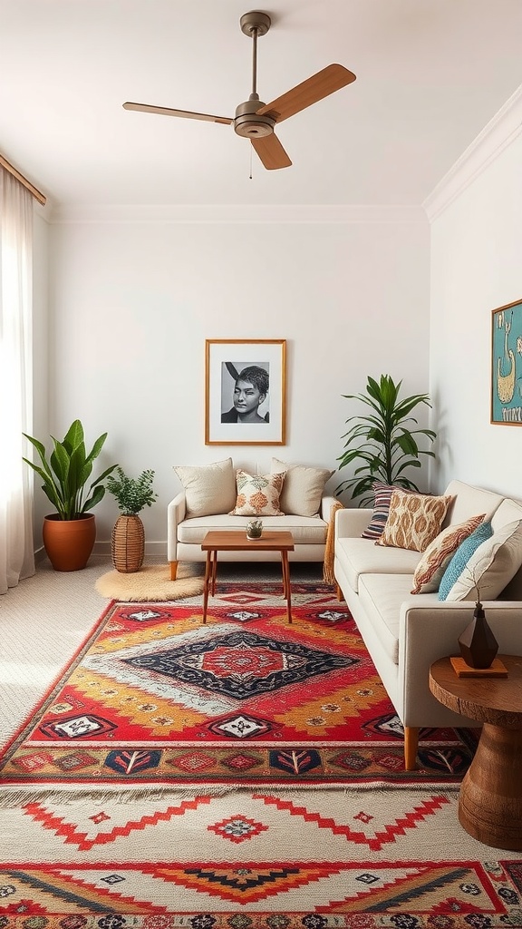 Living room featuring a colorful rug with cultural patterns, complemented by modern furnishings and plants