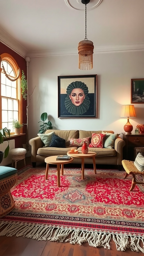 A cozy living room with a vibrant fringe rug featuring red, cream, and navy patterns, surrounded by plants and comfortable furniture.