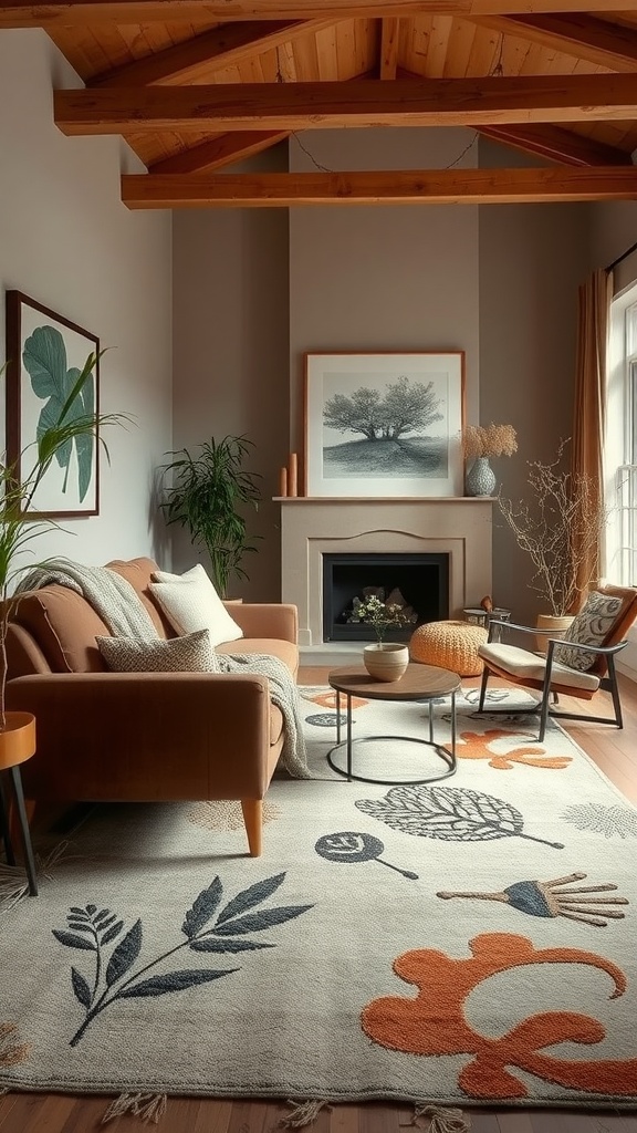 A cozy living room featuring a rug with natural patterns and earthy decor.