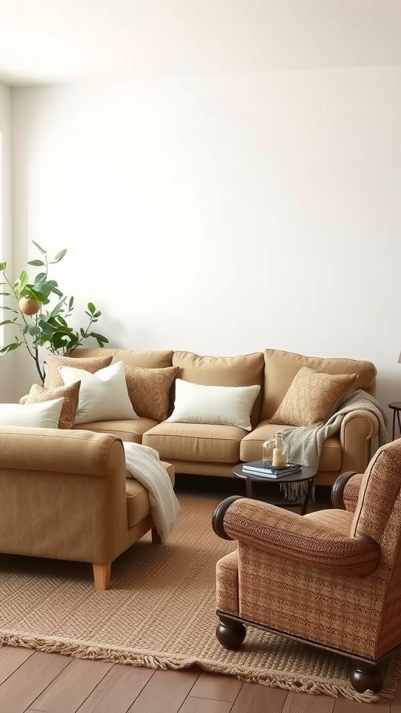 A rustic-chic living room featuring a beige sectional sofa with cream pillows, a woven area rug, and a cozy chair.