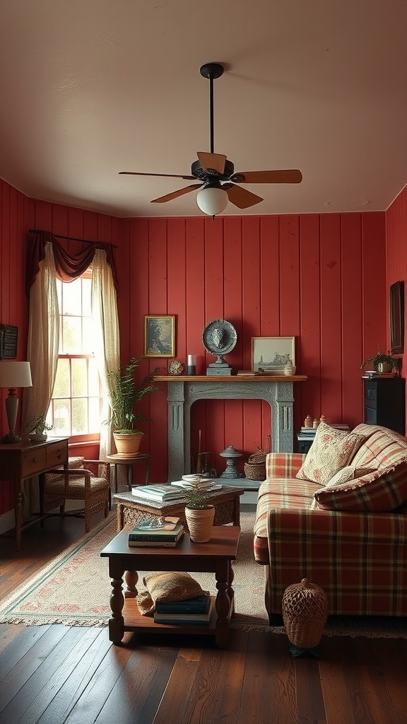 A cozy living room painted in rustic barn red with wooden furniture and a plaid sofa.