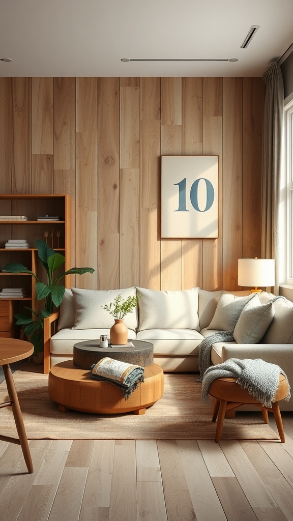 A cozy living room featuring rustic beige wood accents, a light couch, and a unique coffee table.