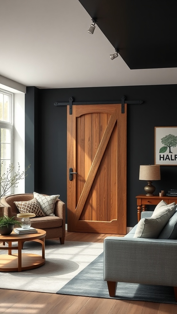 A living room featuring a rustic black barn door with a black accent wall, large windows bringing in natural light, and cozy furniture.