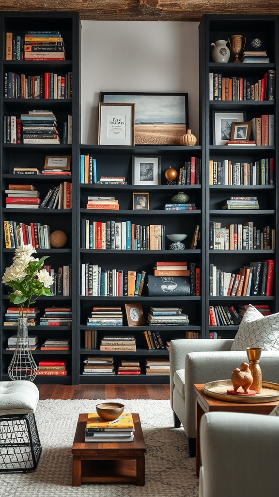 A living room featuring rustic black bookshelves filled with books and decorative items, complemented by light-colored furniture.