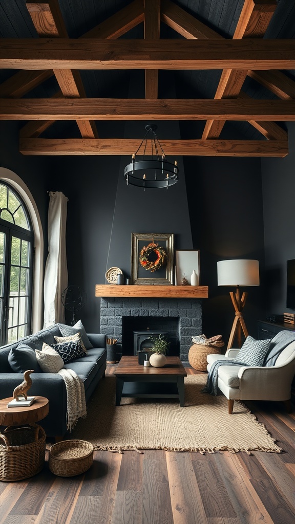 A rustic black living room with wooden beams, a fireplace, and cozy furniture.