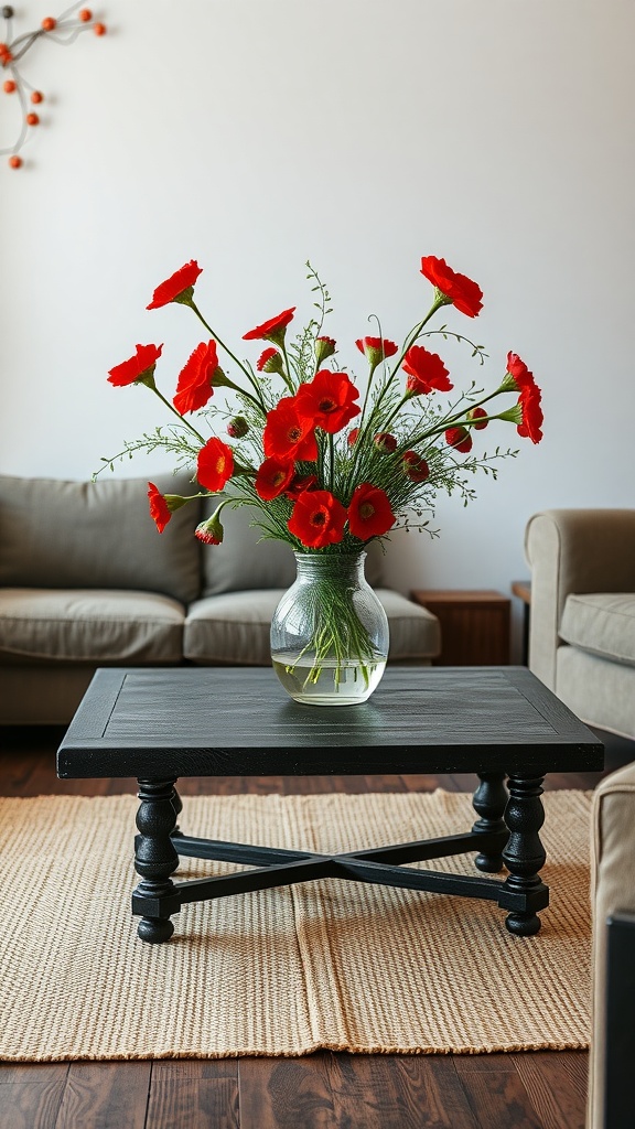 Rustic black coffee table with a vase of red flowers, surrounded by a cozy living room setting