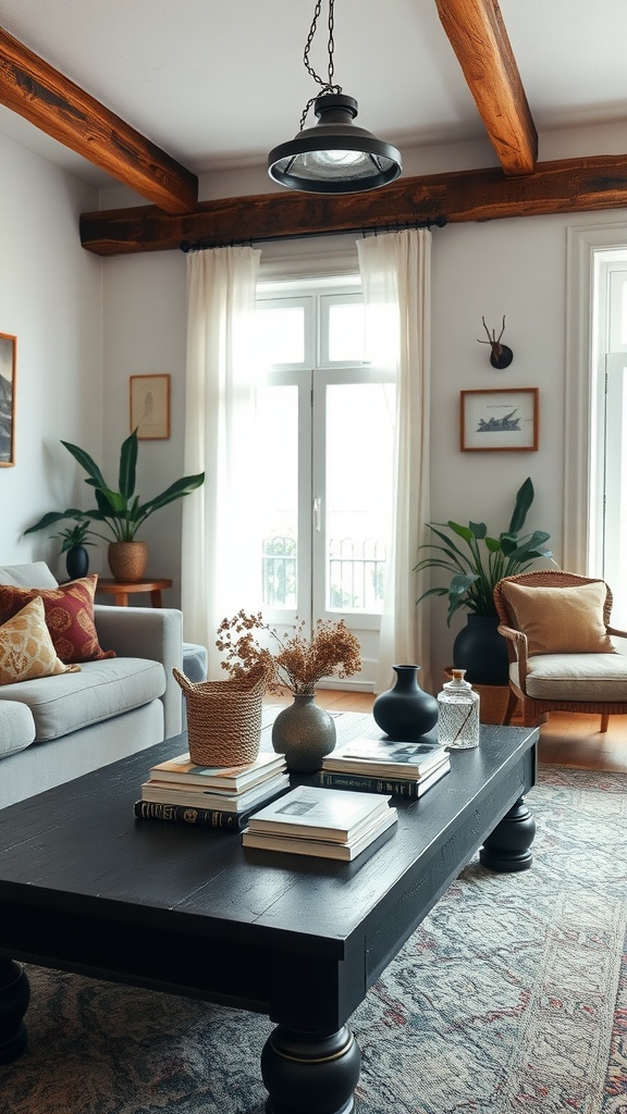 A rustic black coffee table in a cozy living room with plants and natural light.