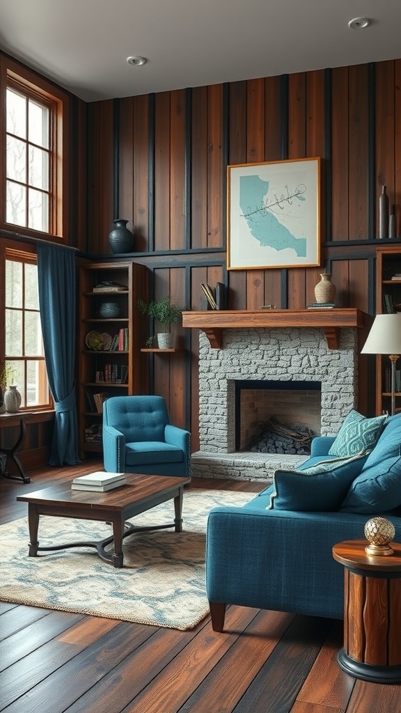 A rustic living room featuring blue chairs, wooden paneling, and a cozy fireplace.