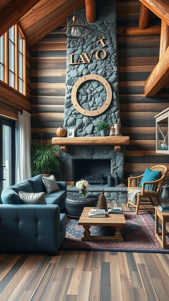 A rustic blue living room featuring a stone fireplace, wooden accents, and cozy furniture.