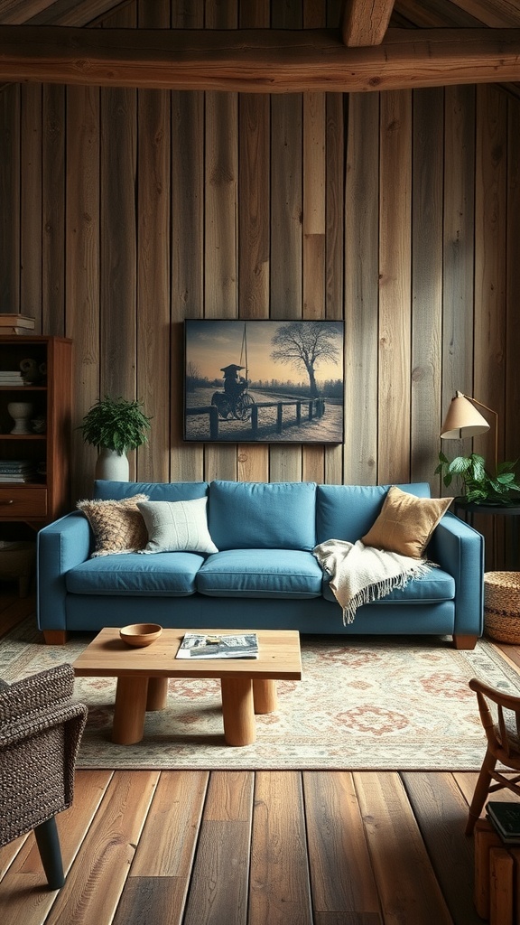 A cozy living room featuring a blue couch against a rustic wooden wall with a coffee table and soft decor.