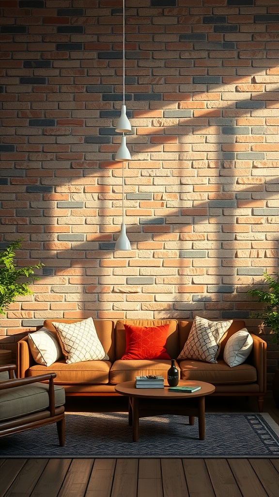 Living room showcasing a rustic brick wall with cozy furniture.