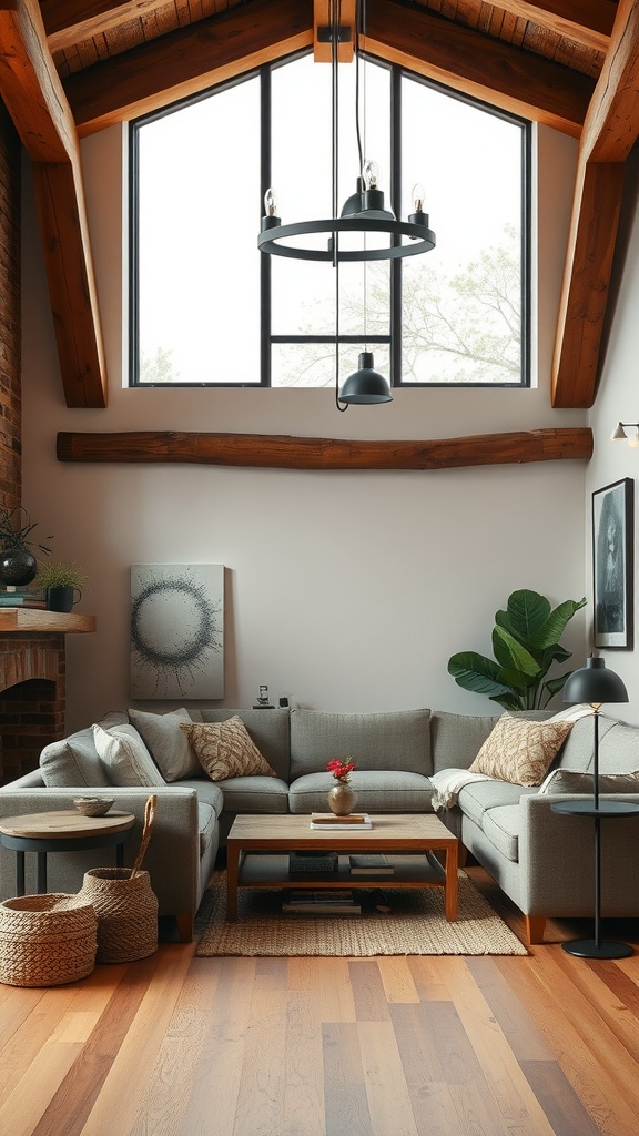 A rustic living room featuring brown wooden beams, a gray sectional sofa, a black light fixture, and a cozy atmosphere.