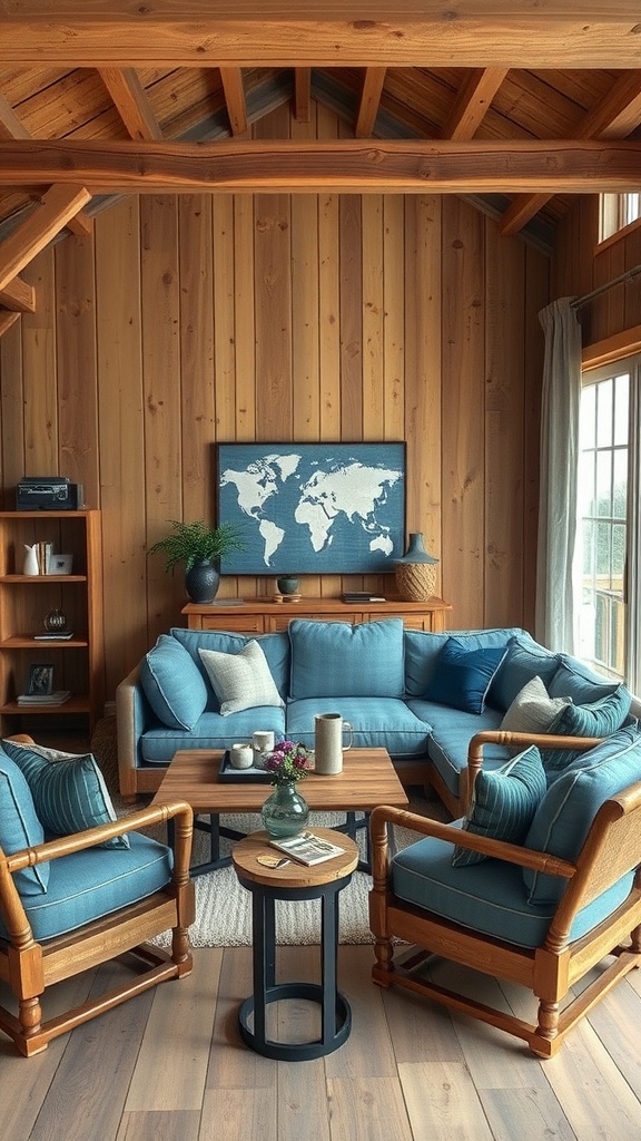 A cozy living room featuring rustic brown wooden walls and denim blue furniture, including a sectional sofa and armchairs.