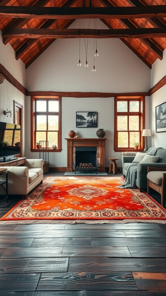 Living room with a rustic burnt orange rug, wooden beams, and neutral furniture.