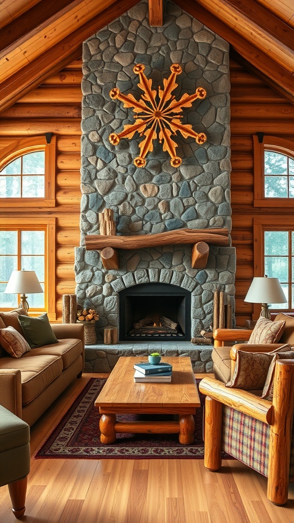 A rustic cabin living room with a stone fireplace, wooden beams, and cozy seating.