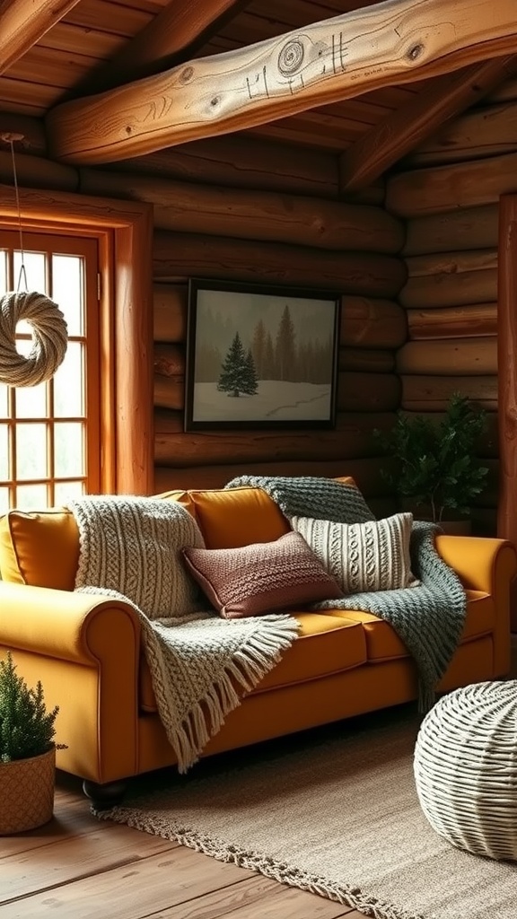 Cozy living room featuring a mustard yellow sofa with knitted throws and pillows in a rustic cabin setting