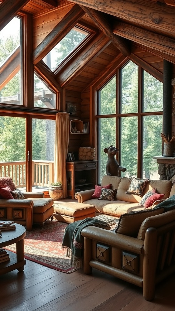 A cozy living room in a rustic cabin featuring large windows, wooden beams, and comfortable furniture, set against a backdrop of nature.