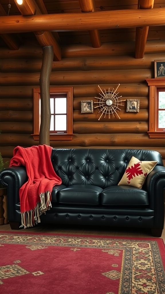 A cozy living room featuring a black leather couch with a red blanket, rustic wooden walls, and decorative elements.