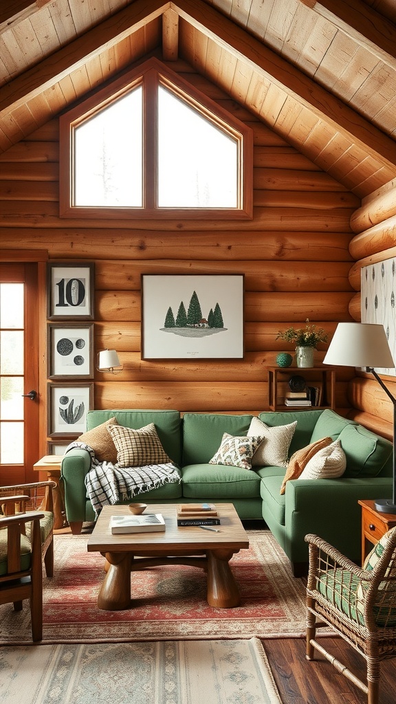 Living room in a rustic cabin featuring a green sofa and wooden decor