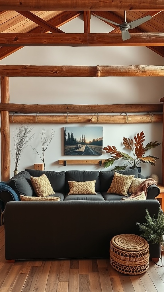 A cozy living room with a dark brown sofa, wooden beams, and decorative plants.